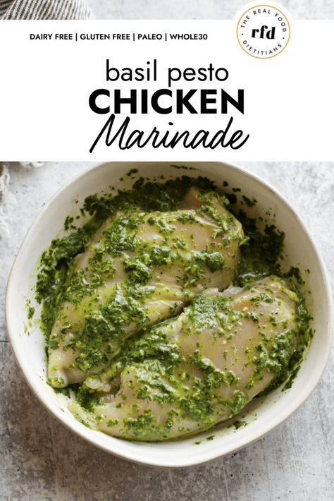 Love pesto? Want to elevated your chicken dinner? Here we'll walk you through the simple steps to make a homemade Pesto Chicken Marinade, including suggested marinating times, and several ways to cook your marinated pesto chicken for a perfectly flavorful and fresh dinner. Gluten-free, Whole30, Paleo friendly! Pesto Chicken Marinade, Chicken Marinade Yogurt, Pesto Chicken Breast, Basil Pesto Chicken, Clean Eating Chicken Recipes, Yogurt Marinated Chicken, Dairy Free Pesto, Chicken Pesto Recipes, Marinated Chicken Recipes