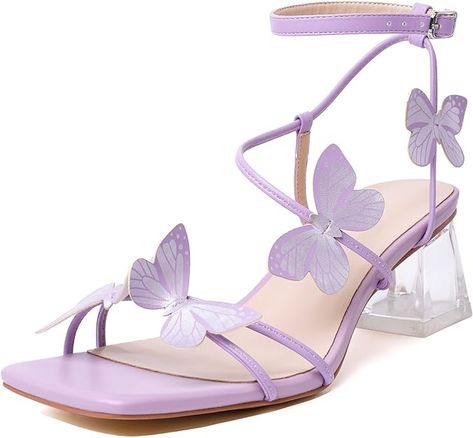 Amazon.com: Zamikoo Women's Heeled Sandals, Square Open Toe Ankle Strap Block Heels, Strappy Butterfly Clear Heels Chunky Low Purple Heels 2 Inches US Size 5 : Clothing, Shoes & Jewelry Quinceanera Shoes, Butterfly Heels, Butterfly Sandals, Butterfly Shoes, Fairy Shoes, Butterfly Embellishment, Heels Strappy, Heels Chunky, Clear Block Heels