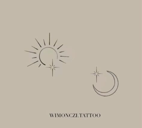 Simple Moon Sun Tattoo, Moon And Sun Tattoo Simple, Simplistic Sun And Moon Tattoo, Mini Moon Tattoos, Moon To Sun Tattoo, Fine Line Sun And Moon Tattoo Matching, Minimalistic Sun And Moon Tattoo, The Moon And The Sun Tattoos, Sun And Moon Symbolism