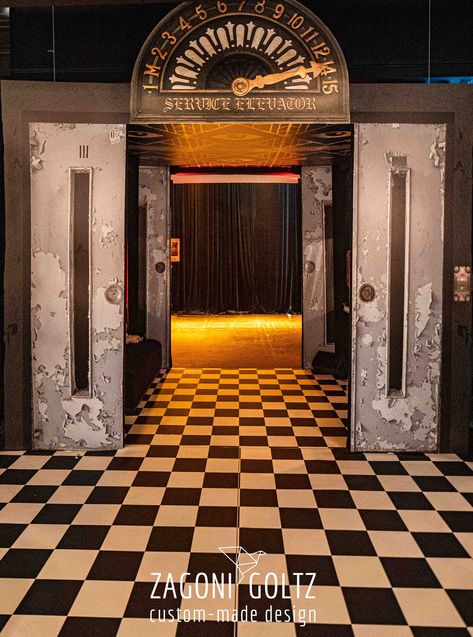 vintage elevator, old elevator Halloween Haunted Hotel Theme, Halloween Hotel Decorations, Scary Hotel Aesthetic, Hotel Halloween Decor, Halloween Hotel Party, Haunted Hotel Ideas, Haunted Hotel Party, Haunted Hotel Decorations, Haunted Hotel Aesthetic