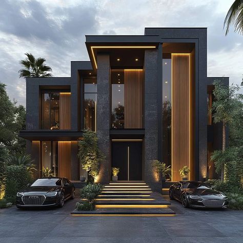 Contemporary Facade House, Luxury Villa Elevation, Black Two Story House, Modern Villa Elevation Design, Luxurious Villa Exterior, Modern Facade Design Residential, Luxury Modern Homes Exterior, Minimal Villa Design, Modern Village House Design