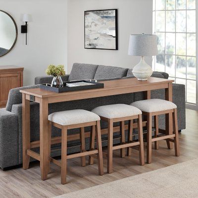 Bar Stool Behind Couch, Soda Table Behind Couch, Console Table With Stools Behind Couch, Table Behind Sectional Couch, Table And Chairs Behind Couch, Bar Table Behind Sofa, Sofa Table With Stools Behind Couch, Table Behind Couch Ideas, Behind The Couch Table With Chairs