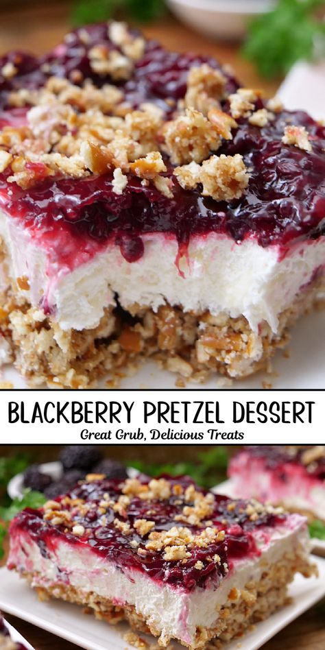 A double photo collage of blackberry pretzel dessert that has a pretzel crust, a cream cheese filling, and topped with a homemade blackberry topping. Strawberries And Blackberries Recipes, Desserts To Take To Work, My Incredible Recipes.com Desserts, Pitch In Desserts, Berry Pretzel Dessert, Blackberry Dessert Recipes Easy, Recipes With Blackberry Jam, Picnic Food Dessert, Easy Recipes For Crowd