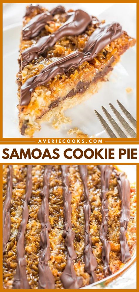 Samoa Pie Recipe (Girl Scouts Cookie Pie!) - Averie Cooks Samoa Cookie Bars, Samoa Girl Scout Cookie Recipe, Samoa Cookie Cake, Samoas Cookie Pie, Thanksgiving Pie Desserts, Homemade Samoa Cookies, Pie Ideas Creative, Somoa Cookies Recipe, Samoas Cookies Recipe