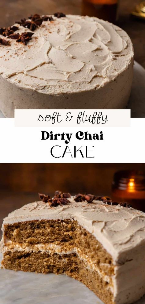 This dirty chai latte cake has a fluffy and moist espresso flavored sponge topped with a silky smooth chai buttercream frosting. All the cozy warming spices make it the perfect Fall cake! Chai Tea Cake Easy, Vanilla Chai Cake Recipe, Brown Sugar Chai Cake, Spiced Chai Cake, Dirty Chai Latte Cake, Chai Birthday Cake, Brown Butter Chai Cake, Coffee Flavoured Cake, Chai Cake Design