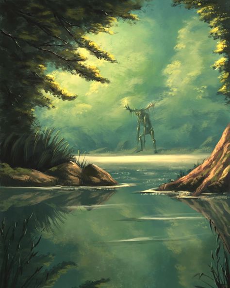 Forest ent water lake green fantasy art drawing painting illustration sketch design Green Forest Fantasy Art, Lake Scene Drawing, Forest With Lake Drawing, How To Draw Lake Water, Fantasy Nature Drawing, Fantasy Illustration Art Scenery, Cute Forest Painting, Lake Illustration Water, Lake Drawings Sketches