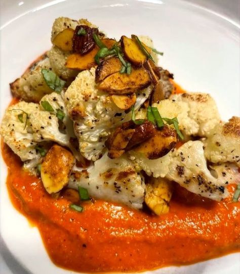 Roasted Cauliflower with Romesco and Toasted Almonds! Spanish Peppers, Spicy Almonds, Romesco Sauce, Head Of Cauliflower, Soft Bakes, Favorite Appetizers, Pepper Sauce, Toasted Almonds, Roasted Red Peppers