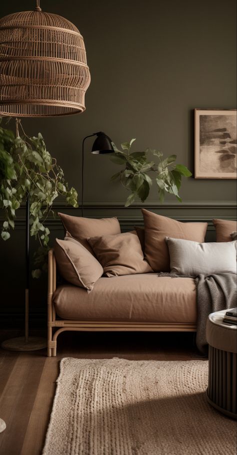 Earthy brown walls with a soft cream-colored linen sofa, rattan accents, and muted green foliage. Green Walls Brown Furniture, Soft Olive Green Paint, Beige Sofa Wall Color, Khaki Walls Living Room, Green And Cream Walls, Earthy Moody Living Room, Small Green Living Room, Olive Green Accent Wall Living Room, Brown And Green Room