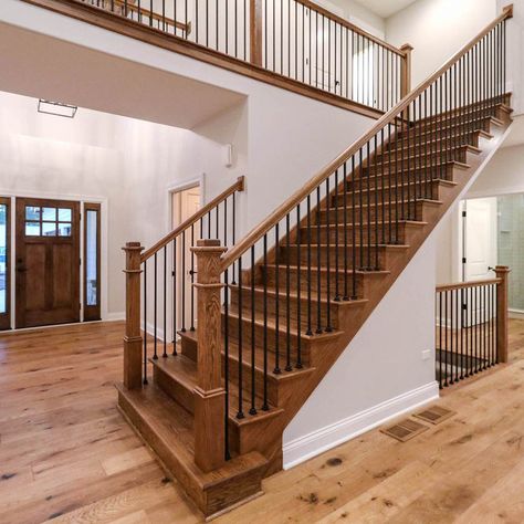 Second Floor Railing, Stair Railing Makeover Wood, Stained Wood Staircase, Natural Wood Stair Railing, Hardwood Staircase, Railing Paint Ideas, 2nd Floor Railing Ideas, Indoor Stair Railing Ideas Modern, Honey Oak Staircase Makeover