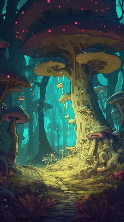 Whimsical Forest Painting, Mushroom Forest Illustration, Fantasy Forest Illustration, Whimsical Mushroom Art, Magic Forest Painting, Whimsical Forest Art, Faewild Forest, Magic Forest Drawing, Painted Mushrooms Ideas