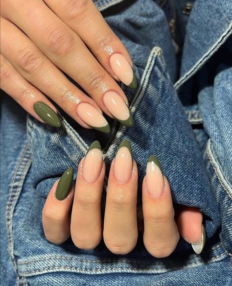 Olive French Tip Nails Almond, Simple Green Nails Almond, Almond Shaped Olive Green Nails, Green Nail Designs Almond Shape, Olive Shaped Nails, Olive Green Nail Art Designs, Simple Nails Olive Green, Olive Almond Acrylic Nails, Short Nails Olive Green