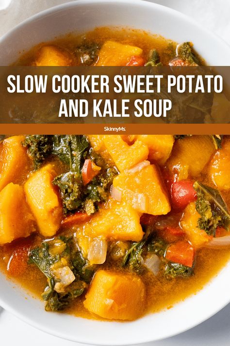 Slow Cooker Sweet Potato and Kale Soup Kale Sweet Potato Soup, Potato And Kale Soup, Healthy Hearty Soup, Sweet Potato And Kale, Slow Cooker Soups, Slow Cooker Sweet Potatoes, Diet Soup Recipes, Sweet Potato Kale, Fall Recipes Healthy