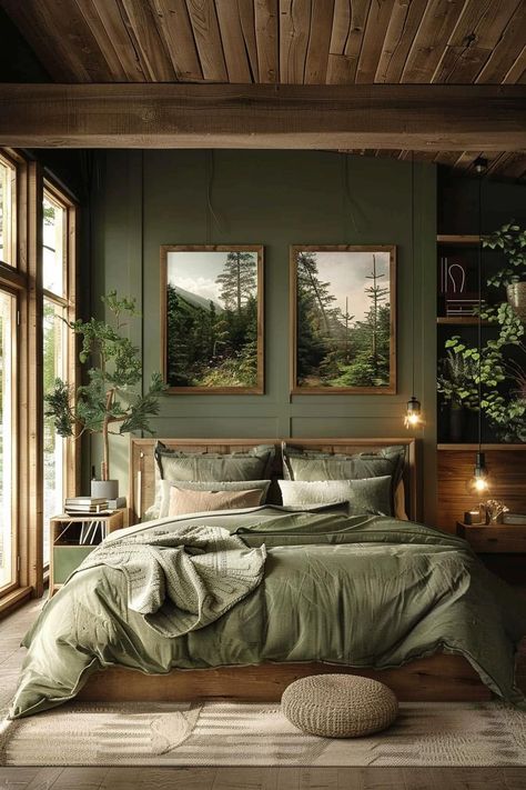 Bedroom Green Accent Wall Ideas, Vintage Modern Bedroom Ideas, Green Accent Wall Bedroom Ideas, Soothing Bedroom Ideas, Modern Farmhouse Colorful, Green Accent Wall Bedroom, Main Bedroom Ideas, Earthy Bedrooms, Nature Bedroom Ideas