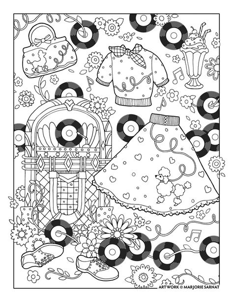 1950s Poodle Skirt, Marjorie Sarnat, Fashion Coloring Book, Music Crafts, Poodle Skirt, Adult Coloring Book Pages, Daycare Crafts, Scrapbook Sketches, Cute Coloring Pages