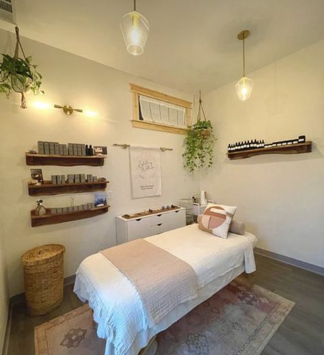 Massage Room Decoration, Ikea Massage Room, Reflexology Room Decor, Simple Massage Room Ideas, Earth Tone Esthetician Room, Massage Room Storage, Tiny Massage Room Ideas, Massage Office Design, Cozy Massage Room Ideas