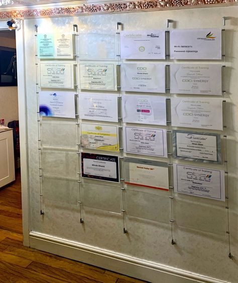 Certificate Wall Display Ideas Office, Certificate Wall Display Ideas, Diploma Display, Estate Agent Office, School Environment, Award Display, Acrylic Holders, Room Gym, Community Centre