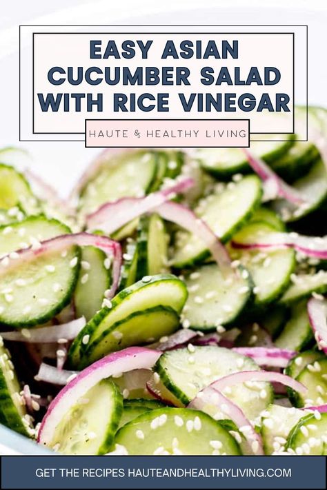 In less than 30 minutes, you can whip up this delicious side dish that is quick to prepare, like an Asian cucumber salad.  This recipe, which calls for crisp cucumbers and red onions combined with a simple dressing of rice vinegar and sesame oil, is so good you'll want to make it often! #hauteandhealthyliving #vegan #glutenfree #cucumbersalad #salad Cucumber Salad White Vinegar, Filipino Cucumber Salad, Cucumber Rice Vinegar Salad, Cucumber Asian Salad, Cucumber Red Onion Salad Vinegar, Cucumber Side Dishes, Rice Vinegar Cucumbers, Cucumber Salad Rice Vinegar, Cucumber Salad Vinegar Asian