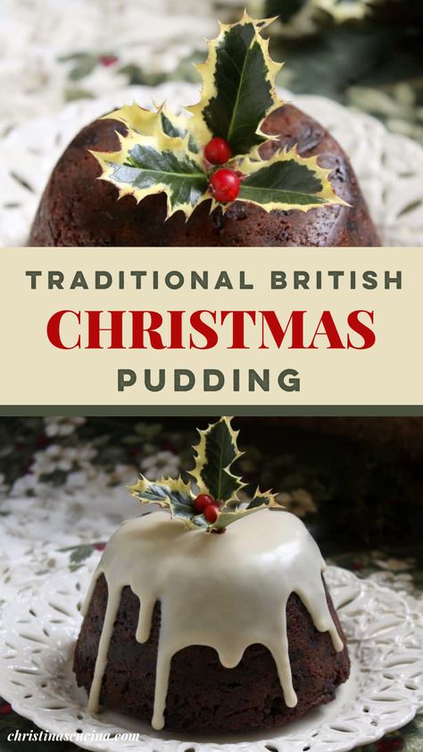 Traditional British Christmas Pudding is a make-ahead, steamed, fruit filled dessert which is set alight when served. It is beautiful culmination of many British Christmas dinners. Traditional British Christmas Cake, Plumb Pudding Christmas, Jamie Oliver Christmas Pudding, British Christmas Pudding Recipe, Great British Bake Off Recipes Christmas, British Christmas Pudding, English Christmas Pudding Recipes, New England Desserts Traditional, English Steamed Pudding Recipe