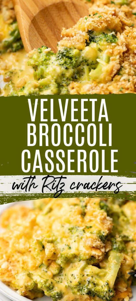 Close up photos of casserole with cheese in a collage. Baked Broccoli And Cheese Casserole, Broccoli Cheese Casserole Velveta, Cheeses Broccoli Casserole, Cheesy Broccoli Ritz Casserole, Best Broccoli And Cheese Casserole, Creamy Broccoli And Cheese Casserole, Low Carb Velveeta Recipes, Broccoli Cheddar Casserole Easy, Broccoli Velveeta Ritz Cracker Casserole