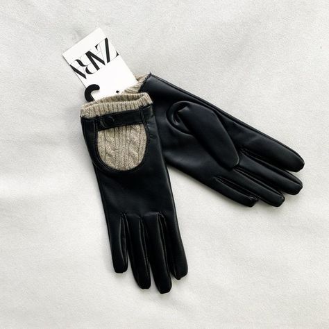 Black Leather Gloves Women, Shoujo Life, Leather Fingerless Gloves, Tulle Gloves, Brown Leather Gloves, Blue Gloves, Zara Accessories, Knit Gloves, Zara Leather