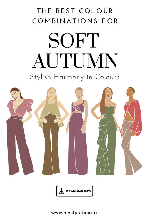 The best color combinations for the Soft Autumn Season Autumn Season Color Palette, Season Color Palette, Best Colour Combinations, Wardrobe Palette, Best Color Combinations, Autumn Color Palette Fashion, Soft Autumn Palette, Soft Autumn Color Palette, True Autumn