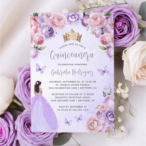 Purple Blush Floral Watercolor Quinceañera Invitation | Zazzle Purple Watercolor Background, Purple Princess Dress, Purple Quince, Quinceanera Pink, Quinceañera Invitation, Pink Quince, Purple Invitations, Quince Invitations, Purple Princess