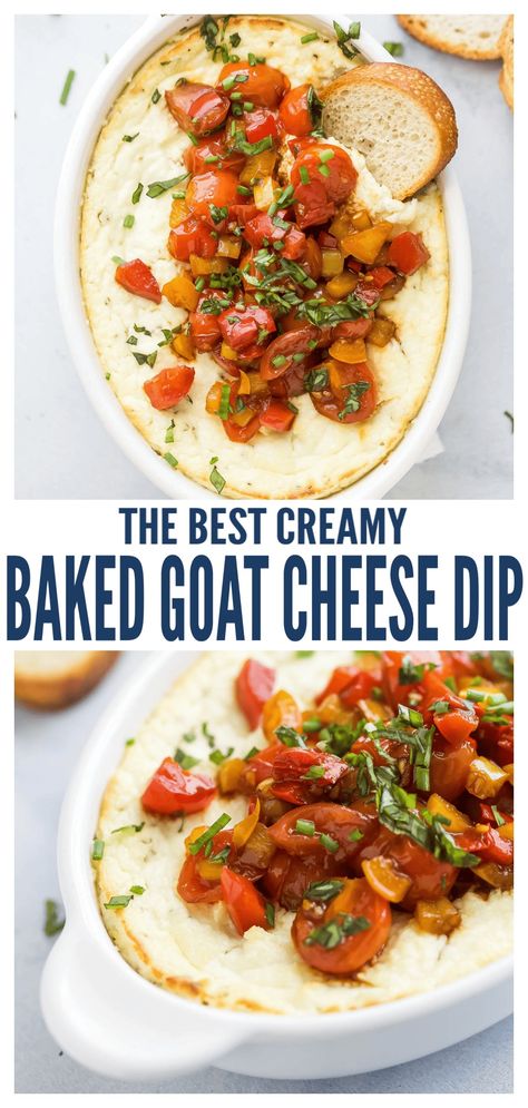 This creamy goat cheese dip with a balsamic pepper and sweet tomato topping will be the star of your holiday appetizer menu this year. Get ready to dip in with crispy pita chips or toasty baguettes! #appetizers #partyappetizers #holidayappetizer #partyfood #cheesedip #bakedcheesedip #goatcheese #bruschetta Bruschetta Goat Cheese Dip, Feta Goat Cheese Dip, Goat Cheese And Tomato Dip, Feta Cheese Grinder Dip, Three Cheese Tomato Bruschetta Dip, Goats Cheese Appetizer, Creamy Goat Cheese Dip, Baked Feta Dip Appetizer Recipes, Masters Appetizers