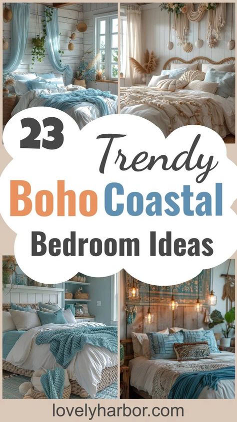 23 Trendy Boho Coastal Bedroom Ideas You Will Love 2 Dorm Room Beach Theme, Country Coastal Bedroom Ideas, White And Blue Boho Bedroom, Water Inspired Bedroom, Beach Bedroom Ideas Boho Chic, Bohemian Bedroom Decor Blue, Beachy Cottage Bedrooms, Bedroom Inspirations Beach Theme, Beach Theme Guest Bedroom