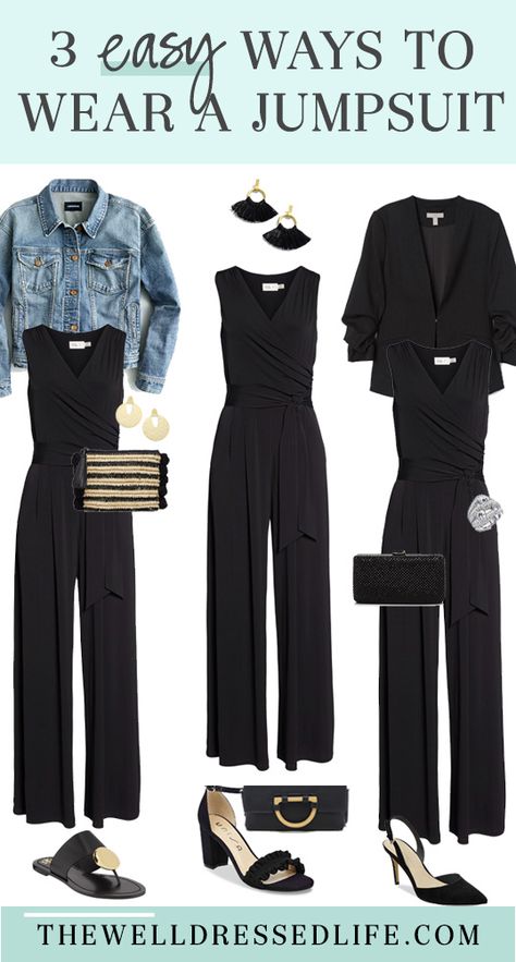 How to Wear a Jumpsuit 3 Ways and Style Tips via @https://www.pinterest.com/megkristel/ Black Pant Jumpsuit Outfits, Black Casual Jumpsuit Outfit, Black Jump Suites Outfit, Dressing Up Jumpsuit, Black Jumpsuit Work Outfit, Jumpsuit Accessories Classy, Jumpsuit Outfit Business Casual, Dress Up Black Jumpsuit, Work Award Ceremony Outfit