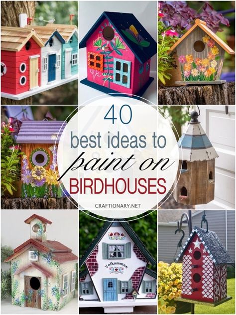 40 Painted birdhouses - Craftionary Colorful Bird Houses Ideas, Paint Ideas For Bird House, Fairy Birdhouse Painting Ideas, Bird House Quotes, Diy Bird House Painting Ideas, Building A Bird House, Paint Bird Houses Ideas, Decorated Bird Houses Ideas, Birdhouse Ideas Painted