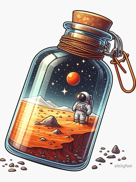 "Astronaut in a Bottle" Sticker for Sale by stickyfoot | Redbubble Bottle Art Drawing, Sticker Art Ideas, Astronaut Sticker, Space Stickers, Tshirt Artwork, Frozen Invitations, Bottle Drawing, Bottle Tattoo, Space Drawings