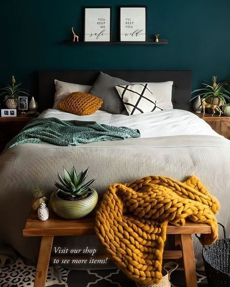 Mustard and Muted Green Colour for Bedroom Walls Mustard And Green Bedroom Ideas, Jewel Tone Accent Wall Bedroom, Orange And Teal Bedroom Ideas, Navy And Rust Bedroom Ideas, Emerald And Mustard Bedroom, Teal Mustard Bedroom, Vintage Teal Bedroom, Modern Teal Bedroom, Emerald Green And Orange Bedroom