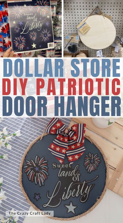 Grab a plain wood round door hanger and some 4th of July window clings – and make this Dollar Store Patriotic Door Hanger. 4th Of July Door Hanger Diy, Diy Fourth Of July Crafts, American Flag Crafts, Patriotic Door Hanger, Chalk Crafts, Flag Crafts, Round Door Hanger, Hanger Crafts, Door Hangers Diy