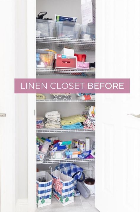 Do you want to makeover a linen closet and organize it beautifully? This post is for you! This organization idea and design uses bins and baskets to provide plenty of storage options on the linen closet shelves. Sheets, towels, travel accessories, hair appliances, medicines, and more are all neatly stored. DIY lables are used for easy identification. This linen closet organization layout is perfect for a small hallway or bathroom closet. Details available in the post at www.smileandacoffee.com Closet Organization Layout, Bathroom Closet Shelving, Small Bathroom Closet Ideas, Linen Closet Organization Hallway, Organize A Linen Closet, Hall Closet Organization, Small Closet Organization Ideas, Linen Closet Design, Linen Closet Shelves