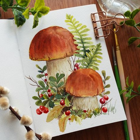 Autumn Sketchbook Ideas, Mushroom Cottagecore Art, Fall Art Watercolor, Autumn Watercolor Art, Mushroom Art Painting, Fall Sketchbook Ideas, Mushroom Illustration Cute, Botanical Art Watercolors, Mushroom Watercolor Paintings