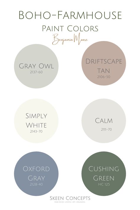 Add boho-farmhouse style to your home with these Benjamin Moore paint colors. Complete your boho-farmhouse home design with these colors. Farmhouse Paint Colors Interior 2023, Bathroom Farmhouse Paint Colors, Farmhouse Boho Paint Colors, Farm Style Paint Colors, 2023 Paint Colors Benjamin Moore, House Inside Paint Colors, Boho Benjamin Moore Paint Colors, Farmhouse Boho Color Palette, Home Decor Color Pallet Ideas