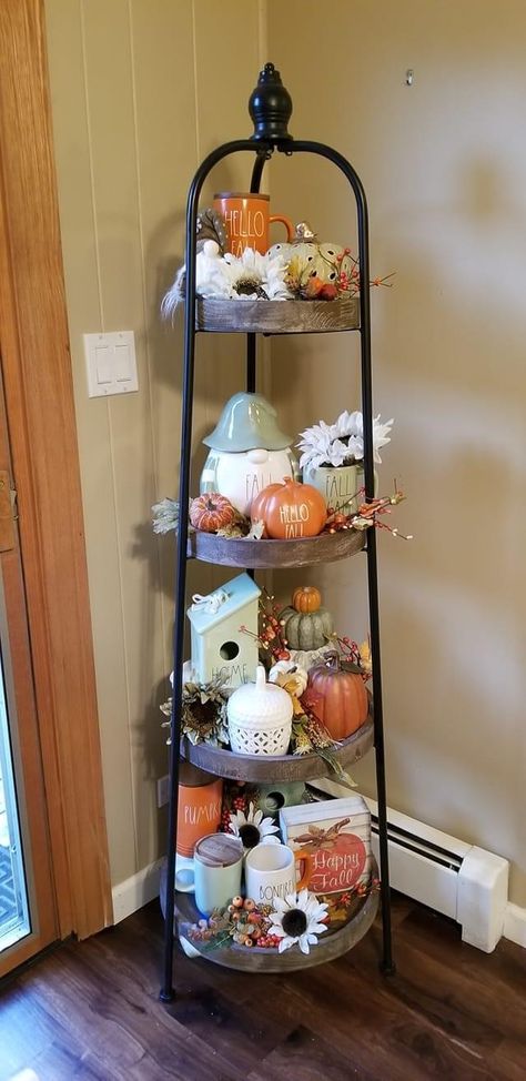 Fall Decor House, Tall Tiered Tray Decor, Three Tier Fall Decor, 4 Tier Shelf Fall Decor, Hobby Lobby Tiered Tray Shelf, Hobby Lobby Round Tiered Shelf, Hobby Lobby 4 Tier Shelf, Three Tier Tray Fall Decor, Hobby Lobby Shelf Decor