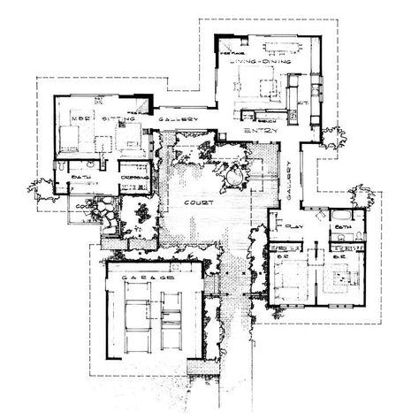 #modernarchitecture #midcenturymodern #homedesign #floorplans Discover the iconic Discovery House by Henrik Bull, featuring a courtyard, open plan living & stunning views. More floor plans: . #Houses_With_Central_Courtyards #Neighborhood_Design_Concept #Sustanible_Architecture #Usonian_House_Plans Sustanible Architecture, Usonian House Plans, Modern House Floor Plans, Courtyard House Plans, Plans Architecture, Vintage House Plans, Architectural Floor Plans, Villa Plan, Home Design Floor Plans