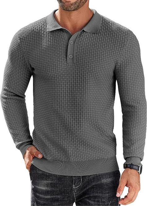 COOFANDY Men's Knit Polo Shirts Long Sleeve Sweater Polo Lightweight Fashion Casual Collared T Shirts at Amazon Men’s Clothing store Unique Knitting Patterns, Mens Knit, Sweater Polo, Henley Shirt Men, Knitted Polo, Shirts Long Sleeve, Winter Outfits Men, Button Sweater, Knit Polo