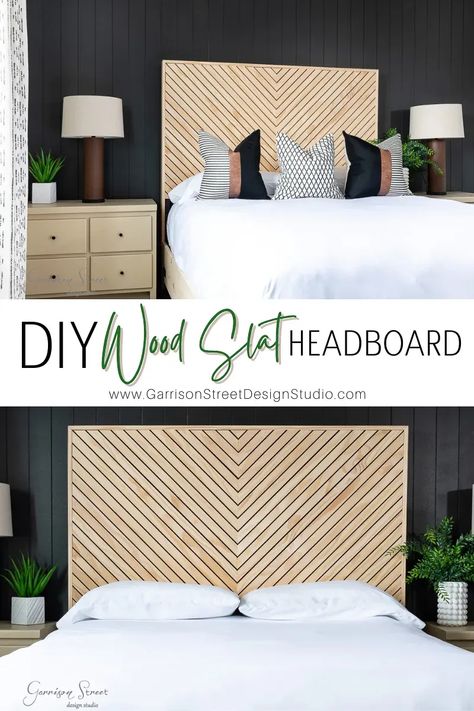 DIY Queen Headboard with Wood Slats and LED Lights | ©GarrisonStreetDesignStudio | DIY | Queen | Headboard | Wood | Slats | with lights | Affordable | DIY Queen Headboard | DIY Wood Bed | Headboard Ideas | Bed DIY | Tutorial | with LED Lights | 2x4 Bed Frame | Queen Bed Frame | Geometric | Mid Century | Boho | Storage | Bed | Pine | King | Under Bed Storage | Chevron | Homemade Headboards | Creative | Custom | Making a headboard DIY | Cool | Plans | Herringbone | Simple | Wooden | Modern Slat Board Headboard, Diy Headboard Ideas Wood Slats, Diy Headboard Alternative Ideas, Diy Wood Bed Headboard, Diy Modern Headboard Ideas, Diy Headboard Makeover, Diy Headboard Wood Slats, Queen Wood Headboard, Diy Headboard Bed