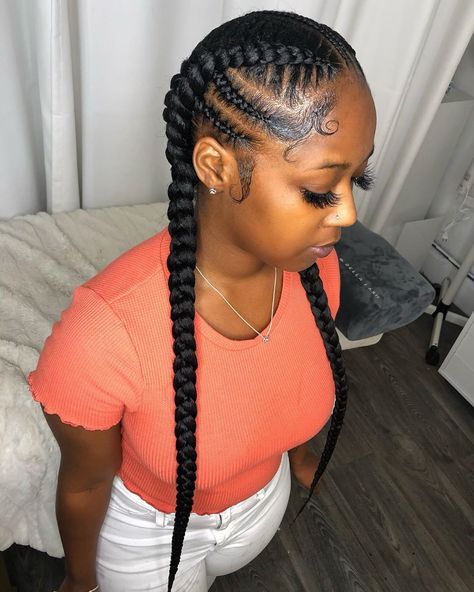 Wig Maker & Braid Slayer on Instagram: “2 Feed-In Braids with designs 😍 Another quick quarantine style using just one pack of braiding hair.” Simple 2 Braids For Black Women, 5 French Braids Black Hair, 3 Big Braids For Black Women, Hairstyles For Black Women 2 Braids, Black Women Two Braids Hairstyles, Two French Braids With Weave Black Women, Styles With Braiding Hair Black Women, French Braided Hairstyles For Black Hair, Cute French Braids Black Hair