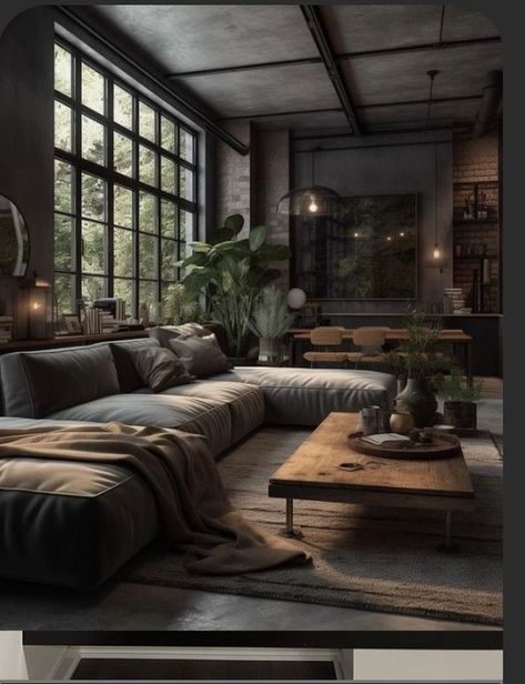 Masculine Aesthetic Interior Design, Dark Eccentric Living Room, Charcoal Home Decor, Dark French Interior, Vintage Loft Decor, Moody Modern House Exterior, Dark Forest Aesthetic Living Room, Living Room Aesthetic Vintage Dark, Black And Copper Home Decor