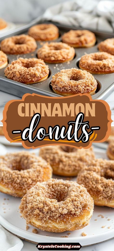 Delicious Baked Cinnamon Crumb Donuts: This easy recipe for homemade donuts features a cinnamon crumb topping and is oven-baked to perfection. A sweet treat for any time of day! Baked Cinnamon Donut Recipes, Homemade Baked Donuts Recipe Easy, Bake Doughnuts Recipe, Best Baked Doughnut Recipes, Plain Cake Donuts Baked, Oven Baked Donuts Recipes Easy, Homemade Mini Donuts Recipes, Oven Baked Doughnuts Recipes, Baking Donuts Recipe