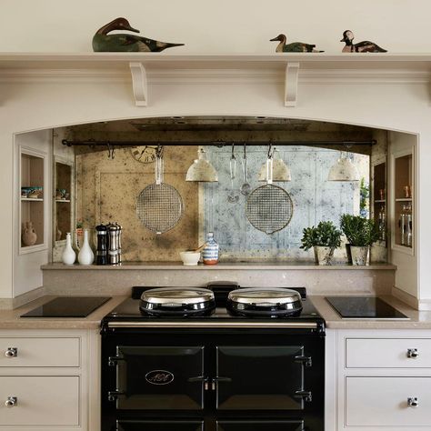 Martin Moore on Instagram: “Aga + antique mirrored splashback = Dream Kitchen 😍😍😍⠀ ⠀ #martinmoore #martinmooredesign #martinmoorekitchens #kitchen #design…” Mirror Backsplash Kitchen, Cooker Splashback, Kitchen Splashback Ideas, Splashback Ideas, Antique Kitchen Cabinets, Classy Kitchen, Mirror Backsplash, Backsplash Kitchen, Kitchen Splashback