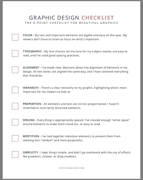 Graphic design checklist Graphic Designer Beginner, Graphic Design Terminology, Brand Design Checklist, Logo Design Checklist, Graphic Design Practice Ideas, Graphic Designer Must Haves, Graphic Design Pricing Guide, Web Design Checklist, Graphic Design Challenges