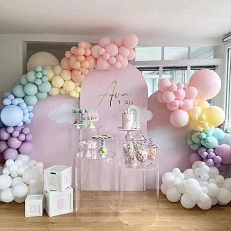 Pastel Arch Backdrop, Pastel Rainbow Balloon Garland, Pastel Color Baby Shower Ideas, 1st Birthday Pastel Theme, Pastel 1st Birthday Girl, Pastel Balloons Decoration, Pastel Rainbow Baby Shower Ideas, Pastel Themed Birthday Party Decorations, Pastel Baby Shower Decorations