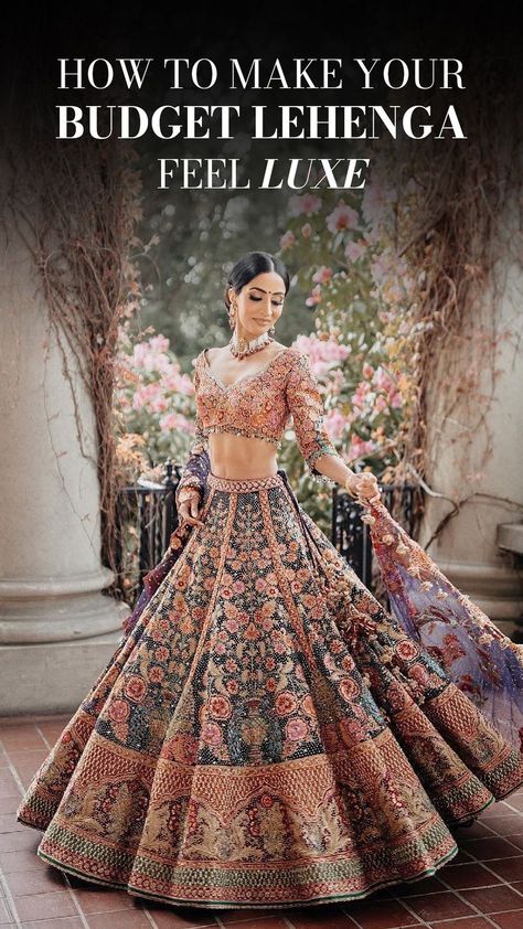 Designer lehengas have a different aura. They are plush, gorgeous looking but all this comes at a heavy price tag. While every bride wishes to don that ultimate designer lehenga, the price tag is what stops them. But we believe that your wedding day is the one day that you shouldn’t have to compromise. So we’ve pulled out our best tricks and tips on how to make your budget bridal lehenga look like a supremely designer lehenga. Read on and keep bookmarking! Lightweight Bridal Lehenga, Wed Me Good Bridal Lehenga, Indian Unique Outfits, Indian Bridal Lehenga Reception, Day Wedding Lehenga Indian Bridal, Different Bridal Looks, Unique Bridal Outfits Indian, Bridal Trendy Lehnga, Bridal Latest Lehnga Designs