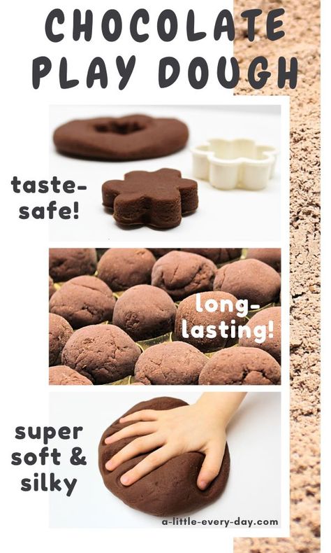 This chocolate play dough is so simple to make and smells amazing! It's made from common pantry ingredients and therefore safe for little ones who put everything in their mouths. It's also super soft and silky, and lasts for months when properly stored. Perfect for Easter, Valentine's Day or any other occasion! #playdough #playdoughrecipe #chocolate #chocolateplaydough #scentedplaydough #diyscentedplaydough #tastesafe #sensoryplay #valentinesday #easter #easterplaydough #easteractivities Chocolate Edible Playdough, Hot Chocolate Playdough Recipe, Diy Brown Playdough, How To Make Black Playdough, How To Make Brown Playdough, Brown Playdough Recipe, Things To Make With Play Doh, Chocolate Crafts For Kids, Cookie Playdough