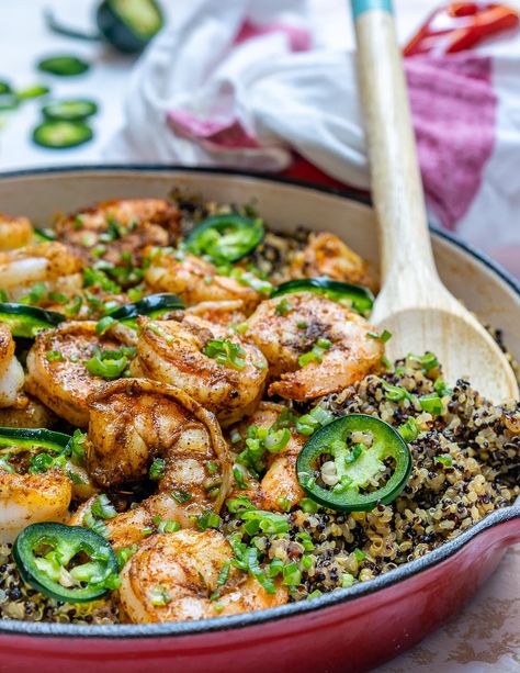 Spicy Cajun Shrimp + Quinoa Skillet for Clean Eating Dinner Ideas | Clean Food Crush Clean Eating Dinner Ideas, Spicy Cajun Shrimp, Quinoa Skillet, Quinoa Recipes Dinner, Shrimp Quinoa, Shrimp And Quinoa, Jalapeno Pepper, Food Fish, Healthy Weeknight Meals