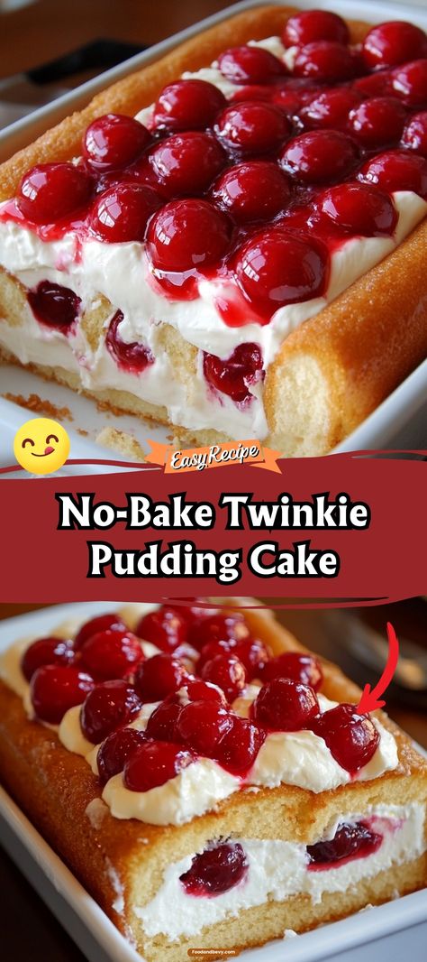 Indulge in a nostalgic treat with this No-Bake Twinkie Pudding Cake! Layers of fluffy Twinkies and creamy vanilla pudding come together for a dessert that's both fun and effortless. Perfect for when you crave something sweet without the oven fuss. #NoBakeDessert #TwinkieLove #EasyTreats Cherry Twinkie Dessert, 7 Layer Delight Dessert, Chocolate Twinkie Cake, Twinkie Cake Recipe Simple, Cake With Pie Filling Recipe, Christmas Desserts Easy No Bake, Twinky Cake Recipe, Twinkie Desserts Ideas, Heavenly Hash Dessert